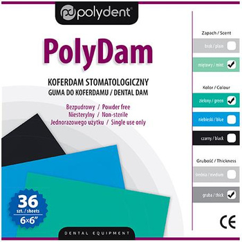 PolyDam Dental Dam Polydent, green, mint heavy, 36 pcs, 6x6