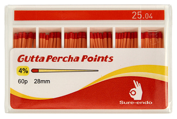Gutta percha points Sure-Endo Greater Taper 0.04 - 4% | 0.06 - 6% | (60 pcs box) 25/04